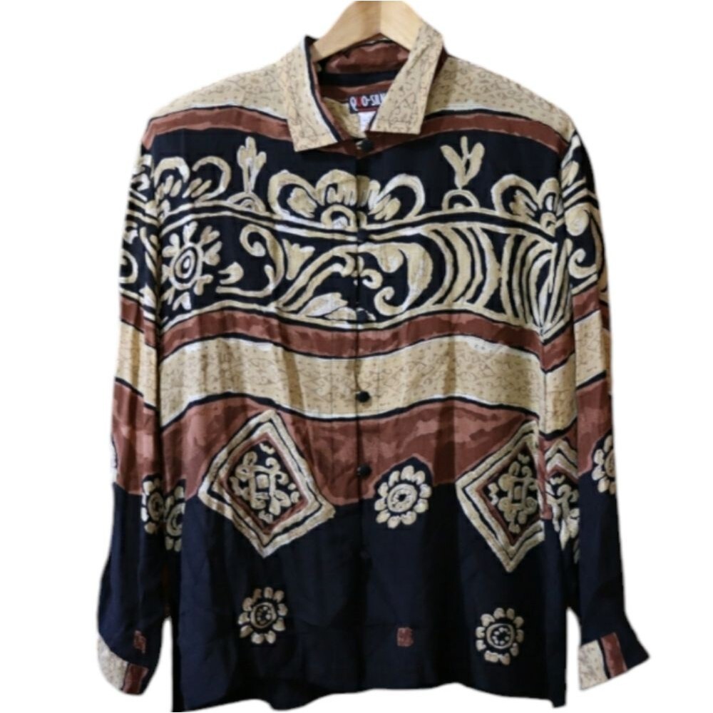 Quo Silk Vintage Print Retro Button-Up Shirt Large 80s/90s Funky